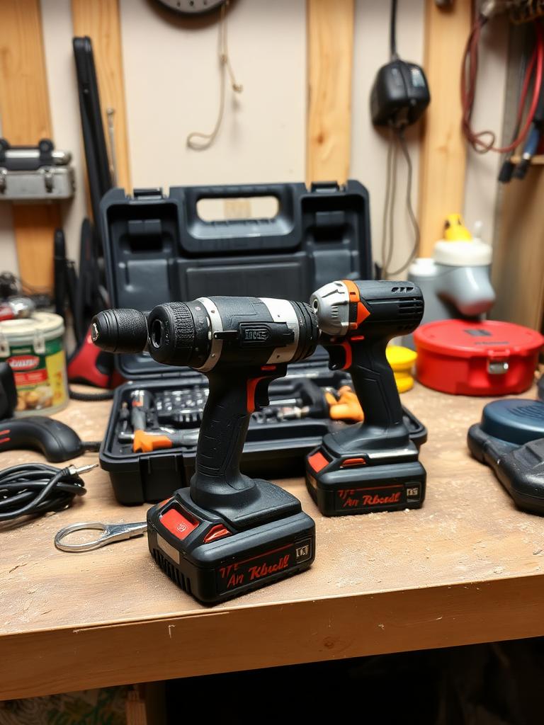 A cordless drill set in a cupboard