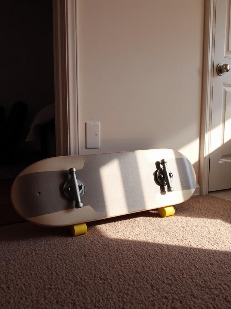 A skateboard propped against a wall