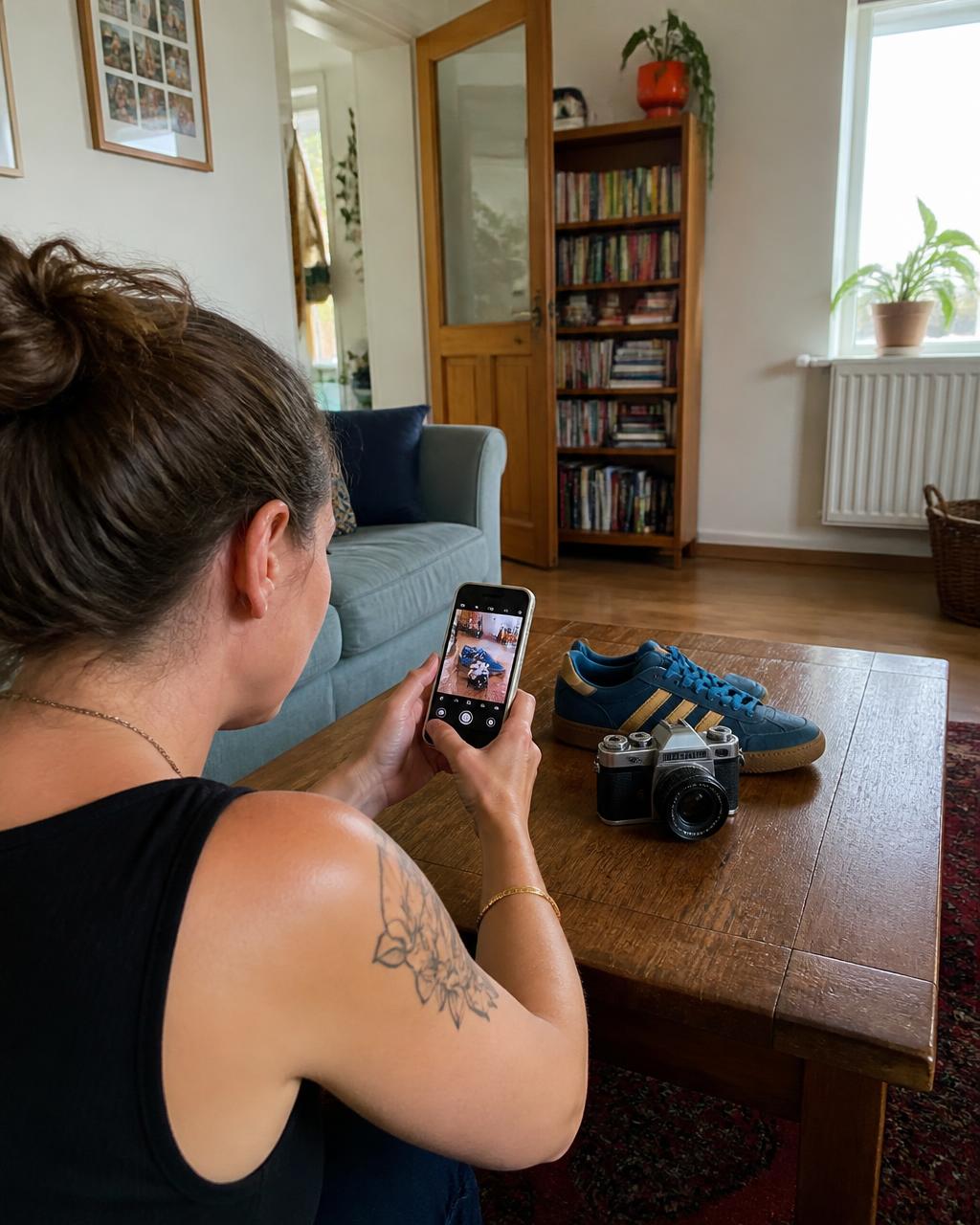 Someone photographing a film camera and trainers on a coffee table at home