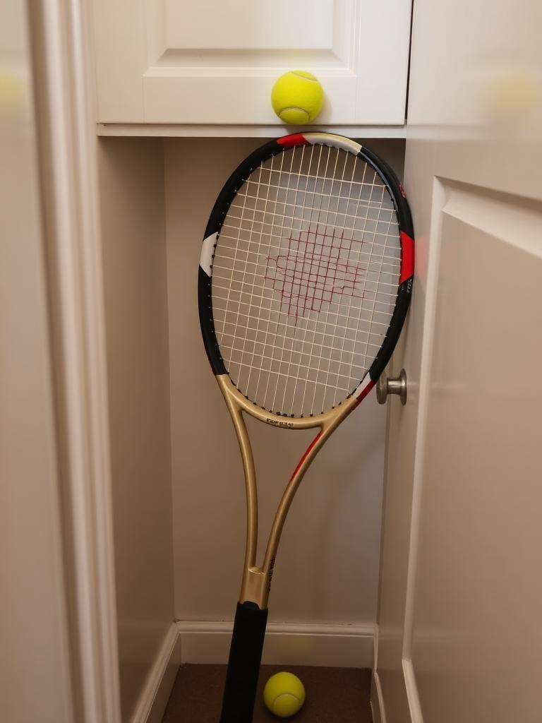 A tennis racket in a hallway