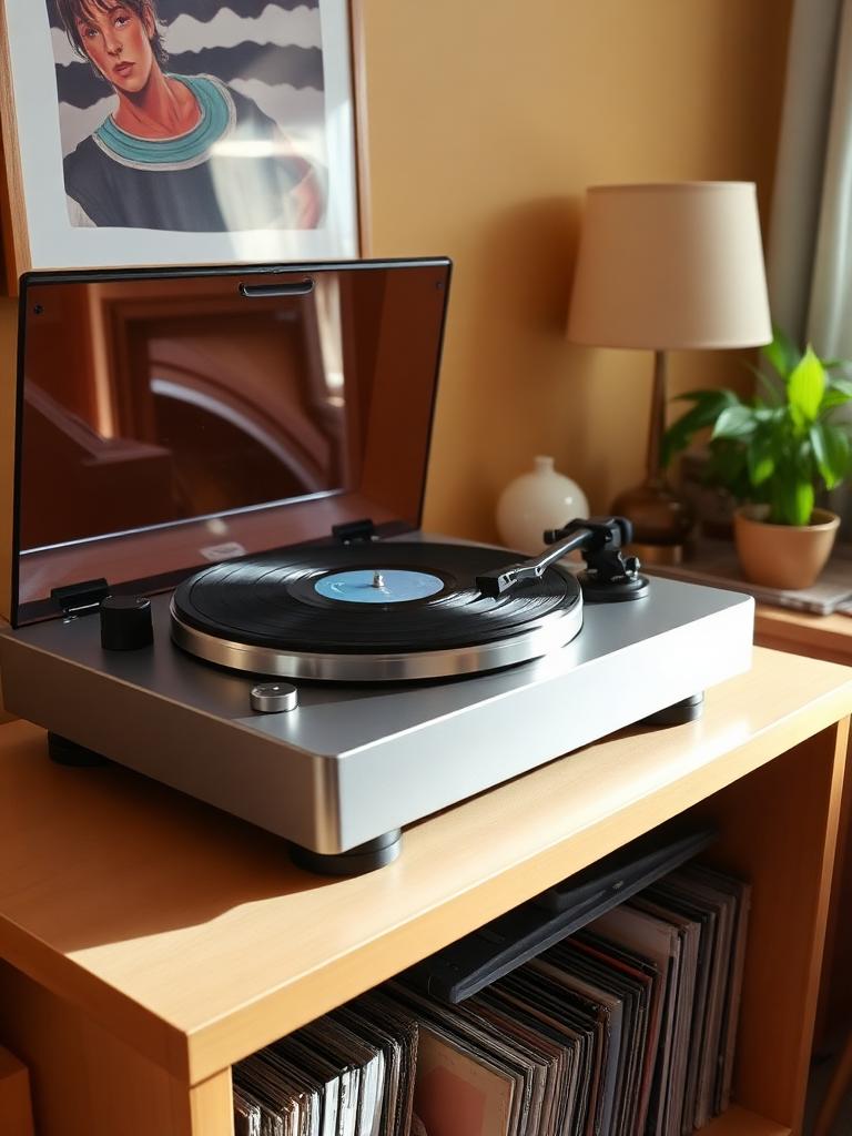 A record player on a sideboard